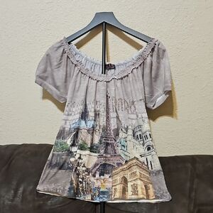 Elegant Parisian Print Off-Shoulder Blouse